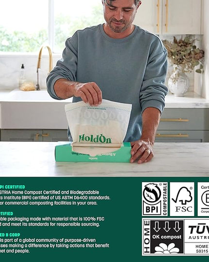 HoldOn HoldOn Zipseal Gallon Bags - Compostable, PFOA-Free, BPA-Free, Food-Safe Zip Seal Food Storage Bags/Freezer-Safe Gallon Bags With Secure Seal for Home & Travel (2-pack, 50 bags total)