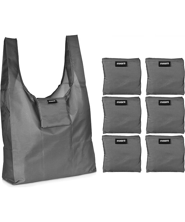 Masirs Reusable Grocery Bag (6-PACK | GREY) - Reusable Ripstop Bags - Large, Strong Eco Friendly Bags - Foldable Shopping Bag - For Kitchen, Grocery & More - Packable Shopping Bag