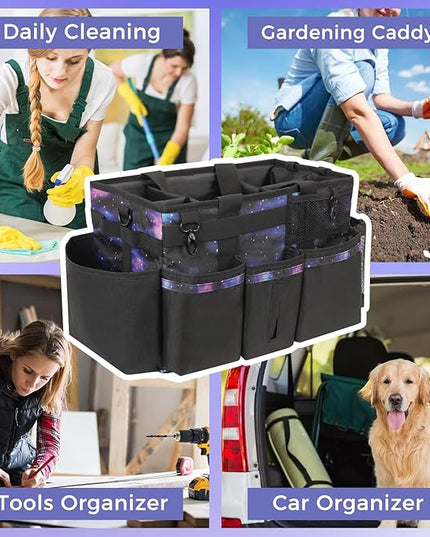 Wearable Cleaning Caddy, Cleaning Caddy Supplies Organizer with Handle & Shoulder Straps for Housekeepers, Under Sink & Car Cleaning Tool Organizers Bag with 4 Foldable Divider (StarrySky)