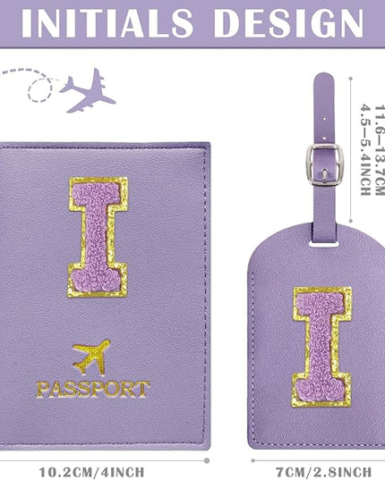 COSHAYSOO Initial Passport Cover Luggage Tag Set Letter Passport Holder Airplane Cruise Travel Essentials Vacation Traveling Accessories Personalized Gifts for Women Teen College Girls Purple I