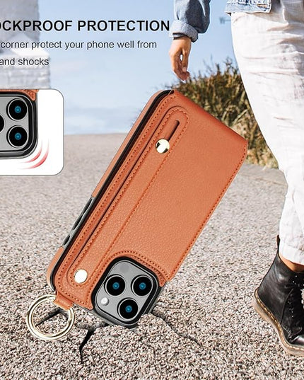 Folosu for iPhone 16 Pro Max Wallet Case with Card Holder, Hand Wrist Strap Loop Holder Kickstand, RFID Blocking Finger Grip Ring PU Leather Double Buttons Shockproof Cover 6.9" Brown