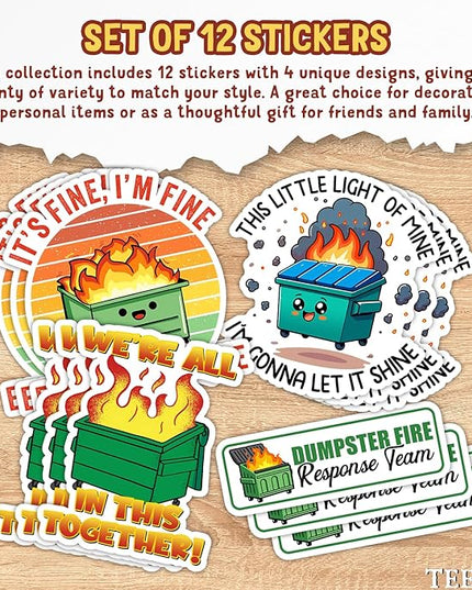 12 PCS Dumpster Fire Sticker, I'm Fine It's Fine Everything is Fine Sticker, Funny Meme Stickers, This Little Light of Mine Im Gonna Let It Shine Sticker for Laptop, Water Bottle, Tumbler - 3 Inches