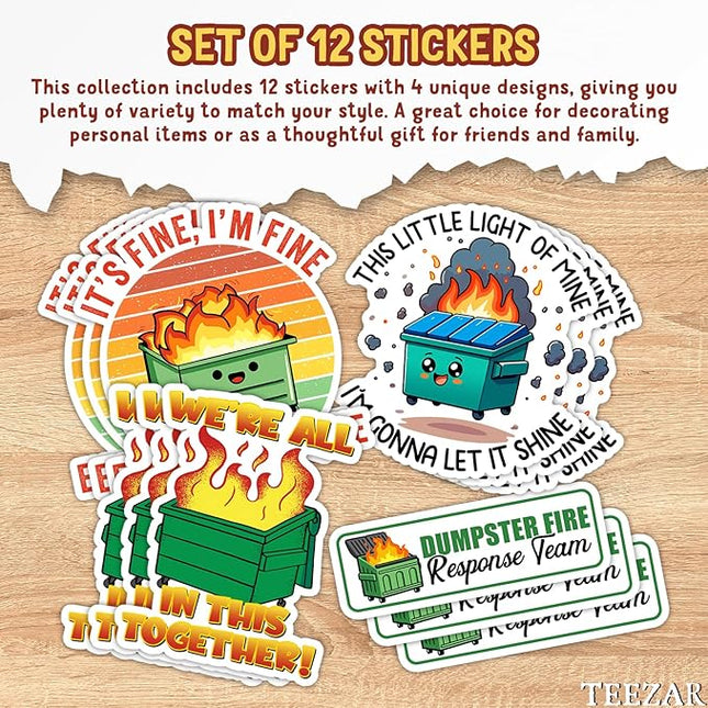12 PCS Dumpster Fire Sticker, I'm Fine It's Fine Everything is Fine Sticker, Funny Meme Stickers, This Little Light of Mine Im Gonna Let It Shine Sticker for Laptop, Water Bottle, Tumbler - 3 Inches
