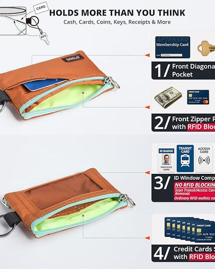 RFID Travel Wallet with Adjustable Lanyard-Zipper Small Wallet with ID Card Holder, Keychain for women&men-Minimalist Slim Waterproof Nylon case for ID, Cash, Key (Rust)