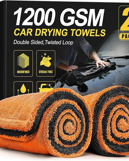 2-Pack 1200 GSM Car Drying Towels – Microfiber Towels for Cars (36" x 24"), Ultra-Absorbent, Streak-Free, Scratch-Free, No Water Spots, Double-Twist Pile & Edgeless Design(Orange)