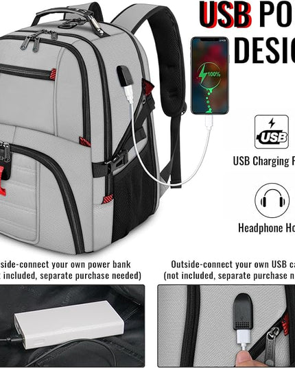 YOREPEK Travel Backpack, Extra Large 50L Laptop Backpacks for Men Women, Water Resistant College Backpack Airline Approved Business Work Bag with USB Charging Port Fits 17 Inch Computers, Light Grey