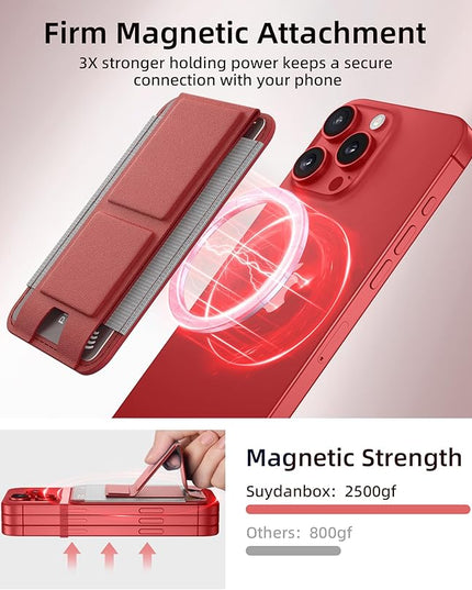 Magsafe Wallet - Magnetic Phone Wallet with Adjustable Stand, Leather Card Holder for iPhone 16/15/14/13/12 Series (Not Mini), 1 Slot, 6 Cards, Red