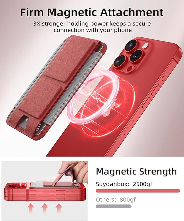 Magsafe Wallet - Magnetic Phone Wallet with Adjustable Stand, Leather Card Holder for iPhone 16/15/14/13/12 Series (Not Mini), 1 Slot, 6 Cards, Red
