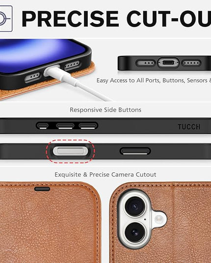 TUCCH Case for iPhone 16 Case Wallet, [TPU Shockproof Inner Shell], Kickstand PU Leather [RFID Blocking] 4 Card Holder Magnetic Stand Protective Cover Compatible with iPhone 16 5G, Light Brown