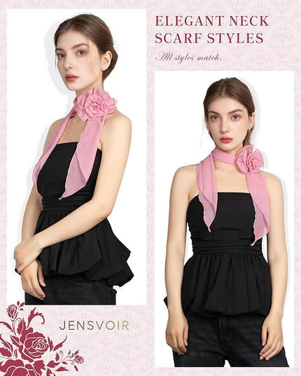 Chiffon Scarf for Women, Removable Flower Neck Scarf Light Soft Fashion Rose Scarves Versatile Headband or Hair Band