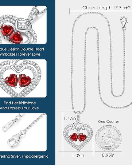 LOUISA SECRET Sparkling Double Heart Birthstone Necklaces for Women, 925 Sterling Silver Fine Jewelry, Pendant Heart Necklaces Birthday Anniversary Christmas Gift for Women Wife Mom Girlfriend Lady