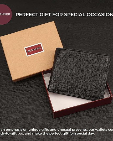 BOTANNER Genuine Leather Men's Flip ID Wallet RFID Blocking with 8 Credit Card Slots 2 ID Windows 3 Hidden Pockets 2 Sections for Notes | Pebble Black