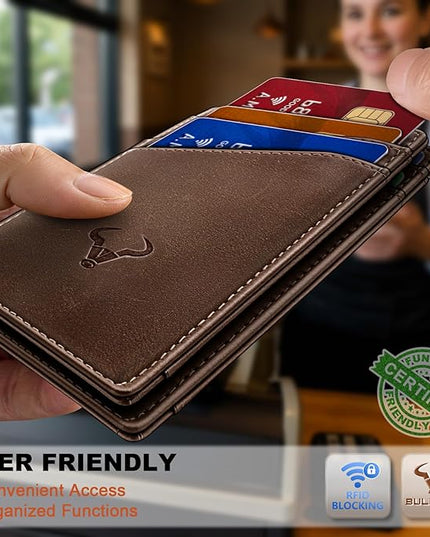 BULLIANT Men Wallet,Top Grain Leather Slim Wallet Magnetic Closure Simplifed Bill Folder RFID Blocking 11Cards