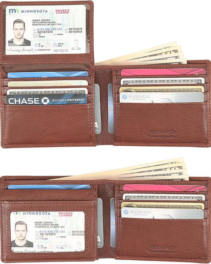 BOTANNER Genuine Leather Mens Bifold Flip ID Wallet RFID Blocking 8 Credit Card Slots 2 ID Window 2 Sections for Bills 3 Additional Slots | Choco