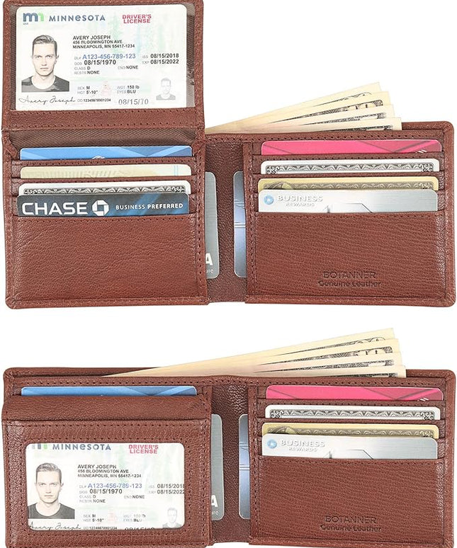 BOTANNER Genuine Leather Mens Bifold Flip ID Wallet RFID Blocking 8 Credit Card Slots 2 ID Window 2 Sections for Bills 3 Additional Slots | Choco