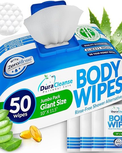 XL Body Wipes for Adults Bathing – 50 Ct + 4 Travel Shower Wipes 10 x 11.5" Thick Cleansing No Rinse Bath Wash Sheets for Elderly, Incontinence, Men & Women, Camping Essentials Disposable Washcloths