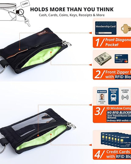 RFID Blocking Small Travel Wallet with Adjustable & Detachable Lanyard for Women&men- Minimalist Nylon Zipper Pouch with ID Card Holder, Keychain for Cash, Key, Coin (Black)