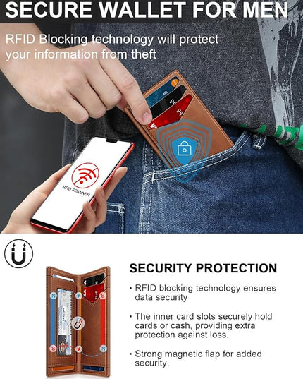 ZALVEX Wallet for Men Slim Leather Wallets for 12-15 Cards, Minimalist Thin RFID Blocking Card Holder with Money Clip & ID Window, Small Bifold Front Pocket Wallet, Gifts for Men