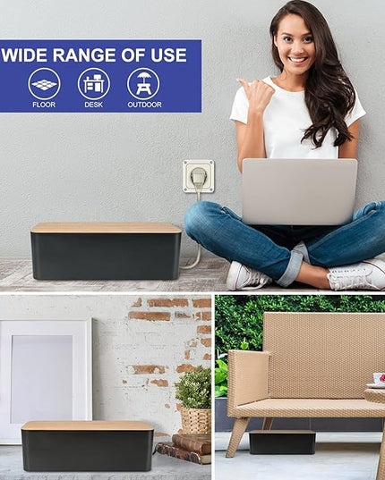 Cable Management Box - Wooden Style Large Cord Organizer to Hide Wires & Power Strips | Desk Computer Cable Organizer | Safe ABS Material | 16" (L) x 6.2" (W) 5.3" (H) | for Home & Office - Black