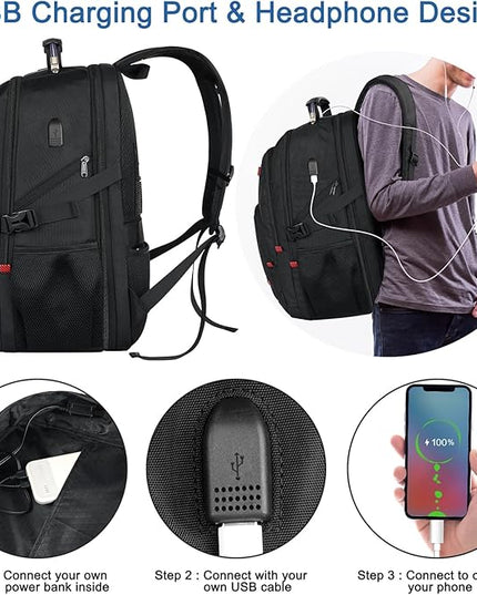 Z-MGKISS Extra Large Backpack for Men, Gaming Laptop Travel Bag Fits 18.4-19" Laptops, TSA Flight-Approved Backpack, Anti-Theft Gym College Business Work Mens Daypack, Black