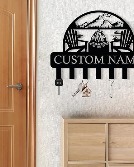 Personalized Campfire Design Metal Key Holder for Wall, Metal Wall Mount Custom Name Hooks, Cabin Key Hooks, Camp Area Key Hanger Decor, Key Rack for Farmhouse, Key Organizer for Living Room, Entryway