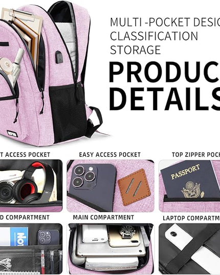 Classic Backpack for Men Women, School Backpack for Girls Boy Teens,15.6 Inch Laptop Bookbag with USB Charger for College High School Work Business Computer Back Pack,mochilas para hombres,Pink