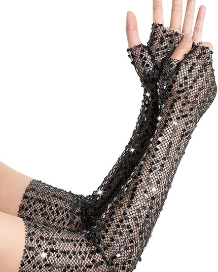 BABEYOND Opera Gloves for Women - Long Fingerless Sequin Sparkling Glitter Gloves Tea Party Stretchy Adult Size Elbow Length