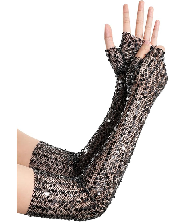 BABEYOND Opera Gloves for Women - Long Fingerless Sequin Sparkling Glitter Gloves Tea Party Stretchy Adult Size Elbow Length