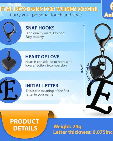 A-Z Heart Initial Letter Keychain, Stainless Steel Alphabet Charm for Handbags, Gift for Women and Girls