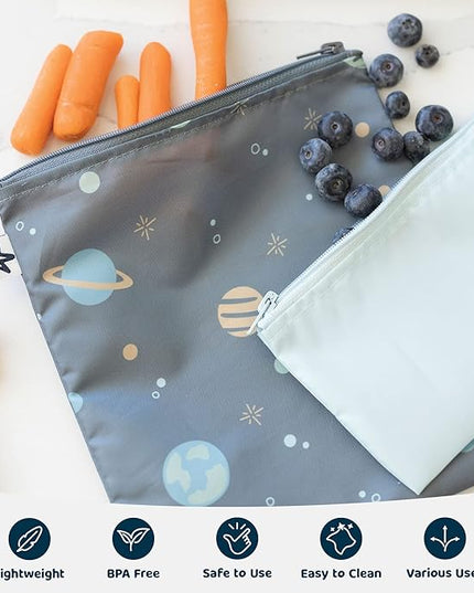 Tiny Twinkle 5 Pack Reusable Snack Bags - Machine Washable, PFAS, PVC, BPA, Phthalate-Free Reusable Baby and Toddler Food Safe Snack Bags (Space)