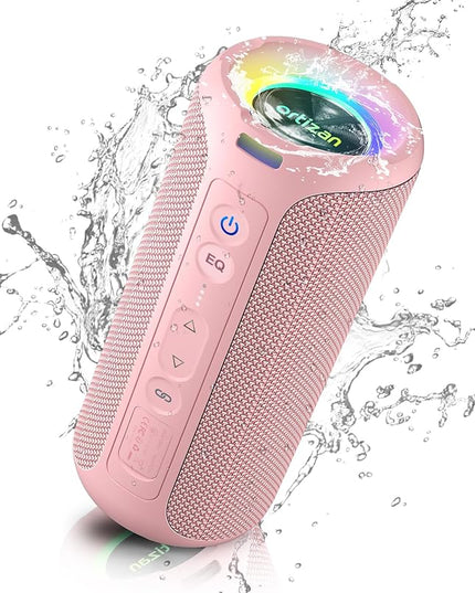 Ortizan Bluetooth Speakers, Portable Wireless Stereo Speaker - IPX7 Waterproof, 30W RMS(40W Peak) Loud Sound, Deep Bass, LED Light, Bluetooth 5.3, for Home/Shower/Outdoor/Beach, Gifts for Adult, Pink