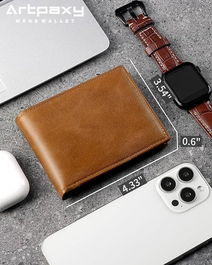 Artpaxy Mens Wallet Genuine Leather Bifold RFID Blocking Wallet for Men with 1 ID Window 13 Card Holders 2 cash pockets 1 Gift Box (Light Brown)