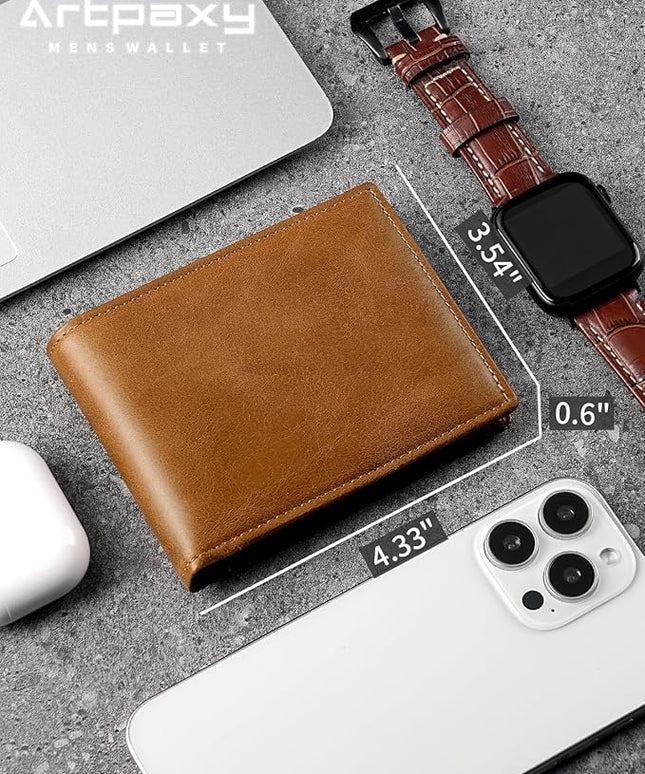 Artpaxy Mens Wallet Genuine Leather Bifold RFID Blocking Wallet for Men with 1 ID Window 13 Card Holders 2 cash pockets 1 Gift Box (Light Brown)