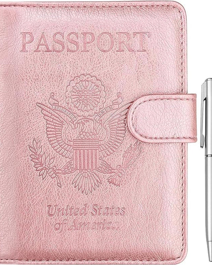 WALNEW Passport Holder for Travel, RFID Passport Cover Wallet for Women Men, PU Leather Passport Book Card Holder Case with Pen (Buckle Closure, Buckle-Rosegold)