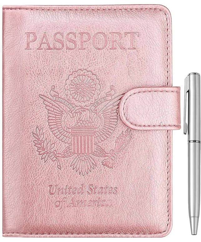 WALNEW Passport Holder for Travel, RFID Passport Cover Wallet for Women Men, PU Leather Passport Book Card Holder Case with Pen (Buckle Closure, Buckle-Rosegold)