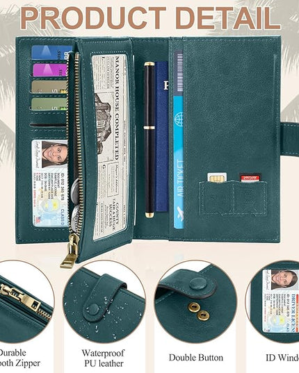 BKNOOU Passport Holder for Women and Man, Compact Travel Passport Wallet Rfid Blocking Passport Holder Leather Travel Wallet Trifold Clutch Wallet, Passport Cover Holds Cards, Tickets, Cash and Pen