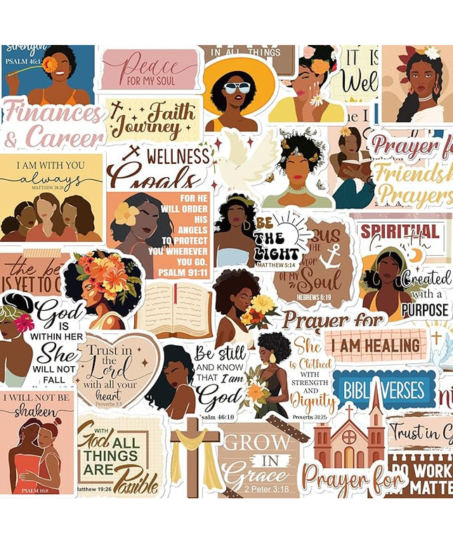 Prayer Board Stickers Supplies - 50 Pcs Black Women Prayer Vision Board Stickers for Women Girls, Motivational Water Bottle Sticker, Waterproof Vinyl Scrapbook Decals for Laptop Journaling