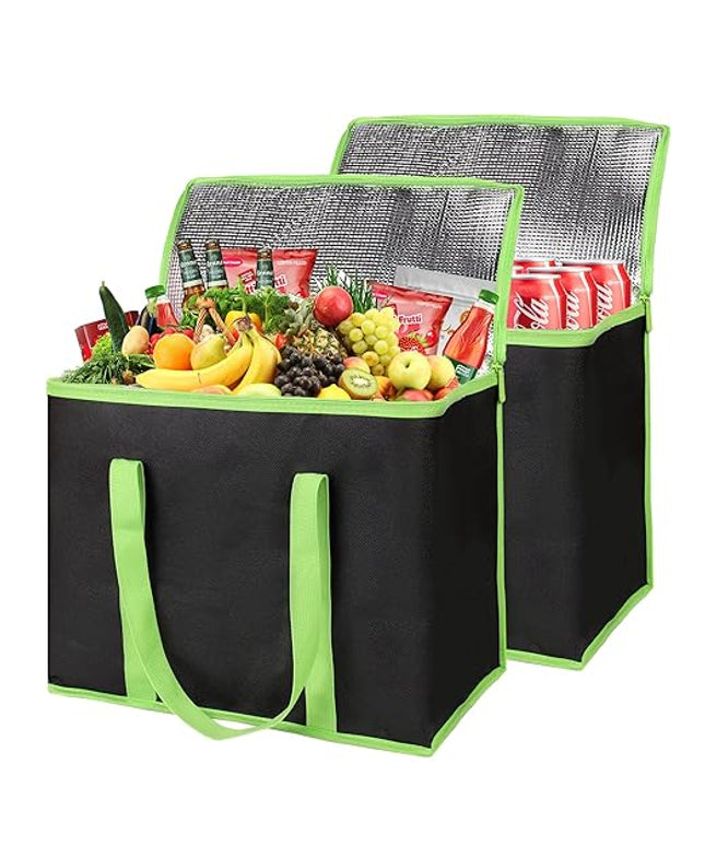 CIVJET 2-Pack Insulated Reusable Grocery Bags, X-Large Insulated Food Delivery Bag for Delivery Drivers, Commercial Food Warmer for Shopping, Tote Cooler Bags, Black with Green Edge