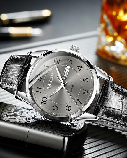 Men Dress Watch Waterproof Leather Watches for Men with Day Date Luxury Large Arabic Numerals Analog Quartz Classic Leather Watch Easy Read relojes para Hombres