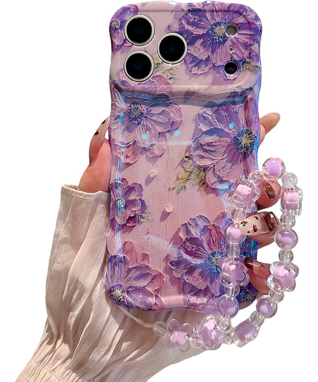 for iPhone 17 Pro Max Wavy Case, Curly Protection Frame，Vintage Glossy Oil Painting Floral Print， with Lovely Bead Chain for Grils and Women (Purple)