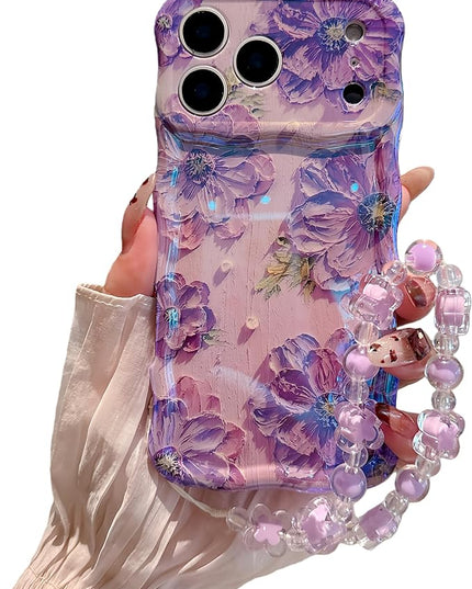 for iPhone 17 Air Wavy Case, Curly Protection Frame，Vintage Glossy Oil Painting Floral Print， with Lovely Bead Chain for Grils and Women (Purple)