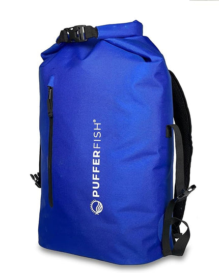 PUFFERFISH Super Sand Bag - Waterproof Roll-Top Beach Backpack, Padded Back and Straps, Multiple Pockets, Recycled Plastic, 35L, Blue