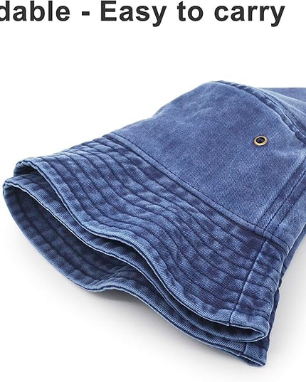 Bucket Hat, Wide Brim Washed Denim Cotton Outdoor Sun Hat Flat Top Cap for Fishing Hiking Beach Sports