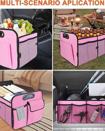 Trunk Organizer, Collapsible Trunk Organizers and Storage, Car Accessories for Women and Men, Multi-Compartment Trunk Storage Organizer for SUV, Car, Mini-Van, Pink