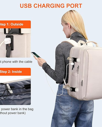 PIJUSHI Travel Backpack for Women Expandable Carry on Luggage Backpack Airline Approved Personal Item Laptop Bag(PE034 Beige)