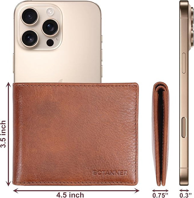 BOTANNER Genuine Leather Men’s Bifold Wallet | RFID Blocking, 8 Card Slots, 2 Bill Sections & 2 Extra Slots | Coffee brown
