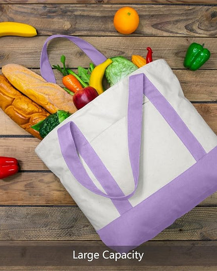 TOPDesign 3-Pack Canvas Tote Bags with an External Pocket, Reusable Grocery Shopping Bags, Top Zipper Closure, Daily Essentials (Lavender/Natural)