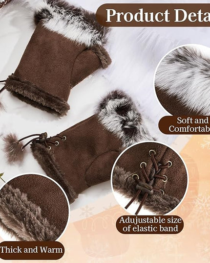 SATINIOR Women Fur Fingerless Gloves Winter Rabbit Fur Lined Half Finger Mittens for Women Girls Teen Working Writing
