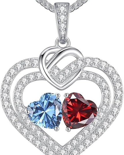 LOUISA SECRET Sparkling Double Heart Birthstone Necklaces for Women, 925 Sterling Silver Fine Jewelry, Pendant Heart Necklaces Birthday Anniversary Christmas Gift for Women Wife Mom Girlfriend Lady
