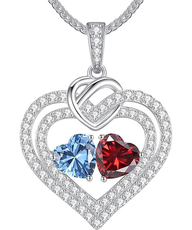 LOUISA SECRET Sparkling Double Heart Birthstone Necklaces for Women, 925 Sterling Silver Fine Jewelry, Pendant Heart Necklaces Birthday Anniversary Christmas Gift for Women Wife Mom Girlfriend Lady